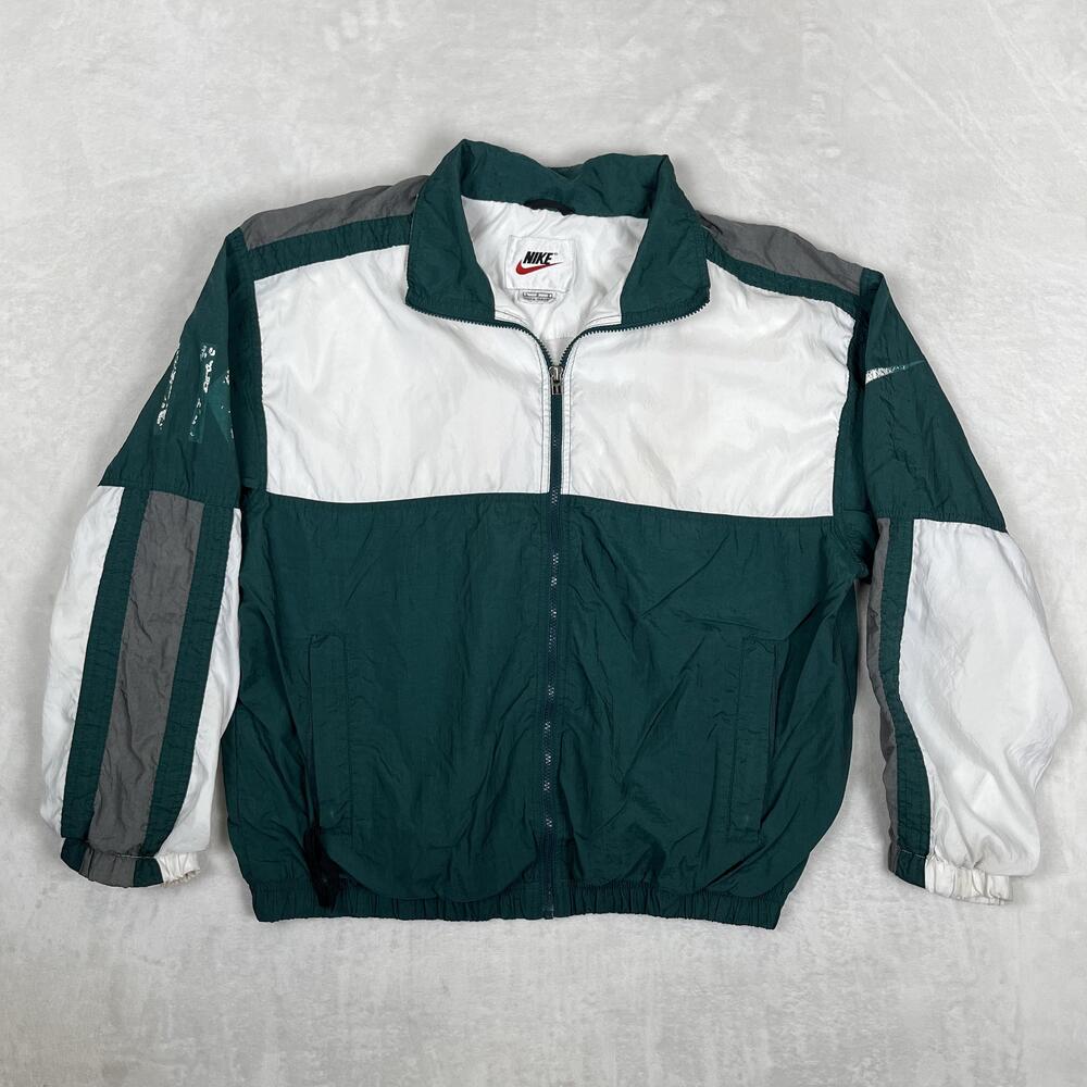 Vintage Nike Jacket Mens Large Green White Colorblock Windbreaker Full Zip 90s